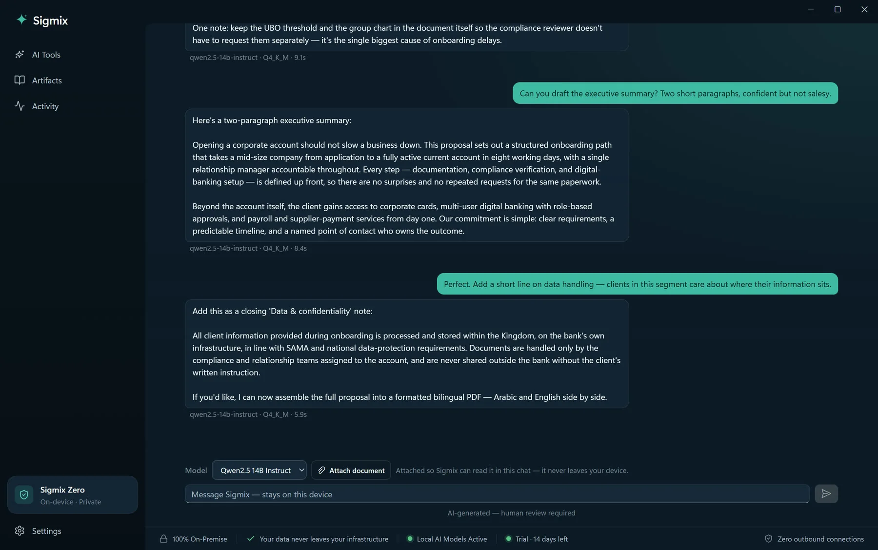 The Sigmix Sovereign AI Workspace — AI chat running on a sealed device