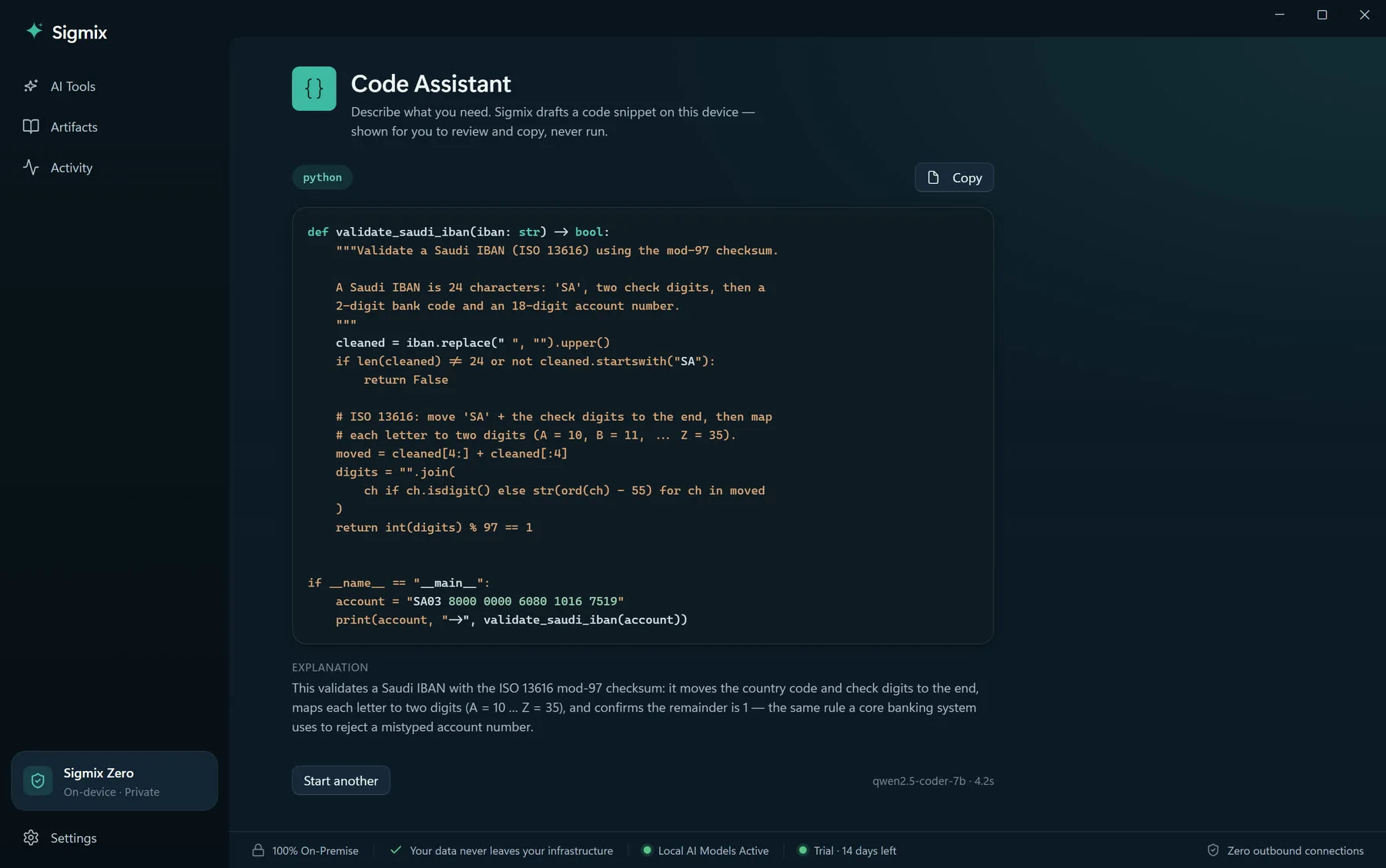Code Assistant drafting a snippet on-device