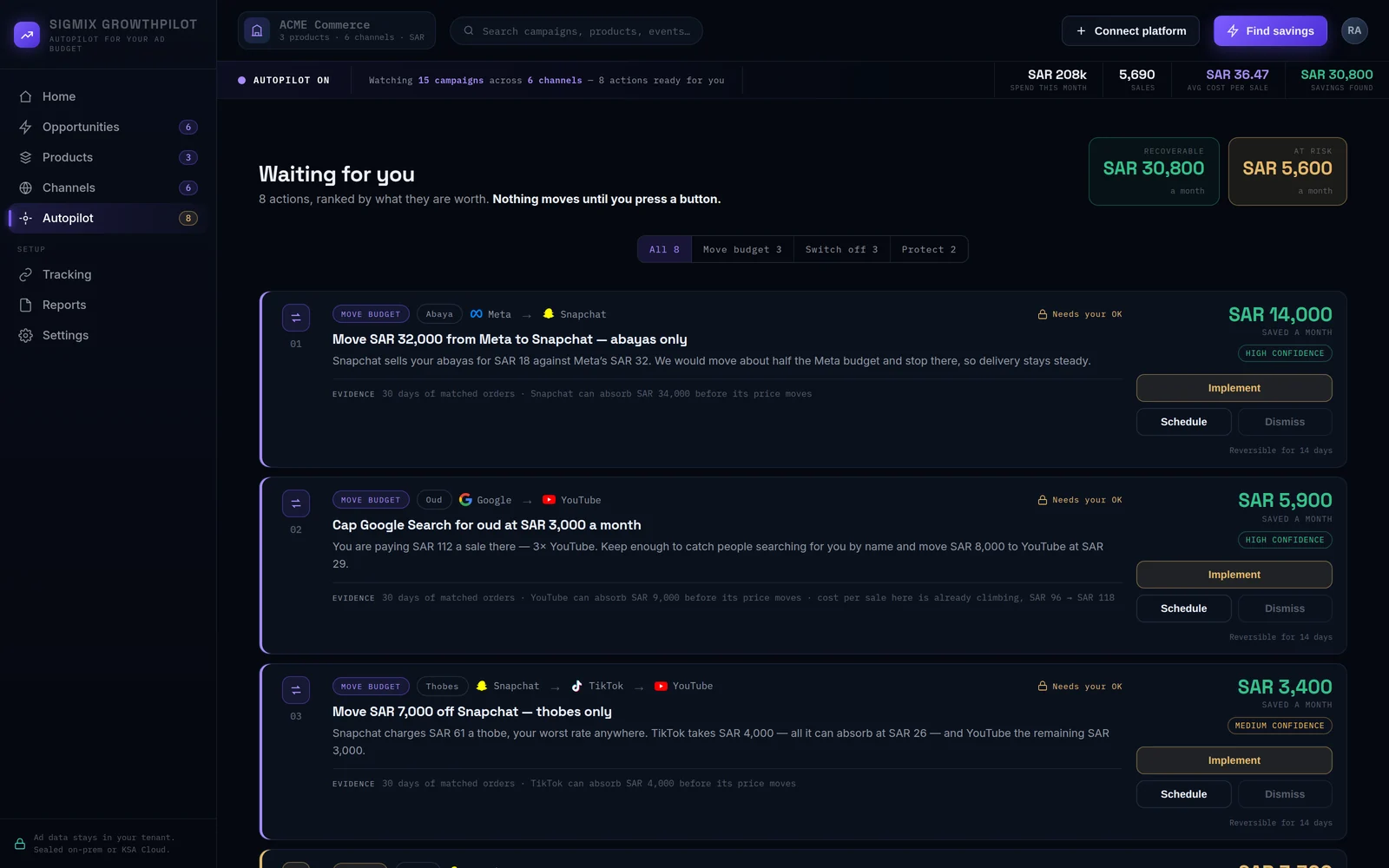 The GrowthPilot action queue, with an approval gate before any budget change is applied