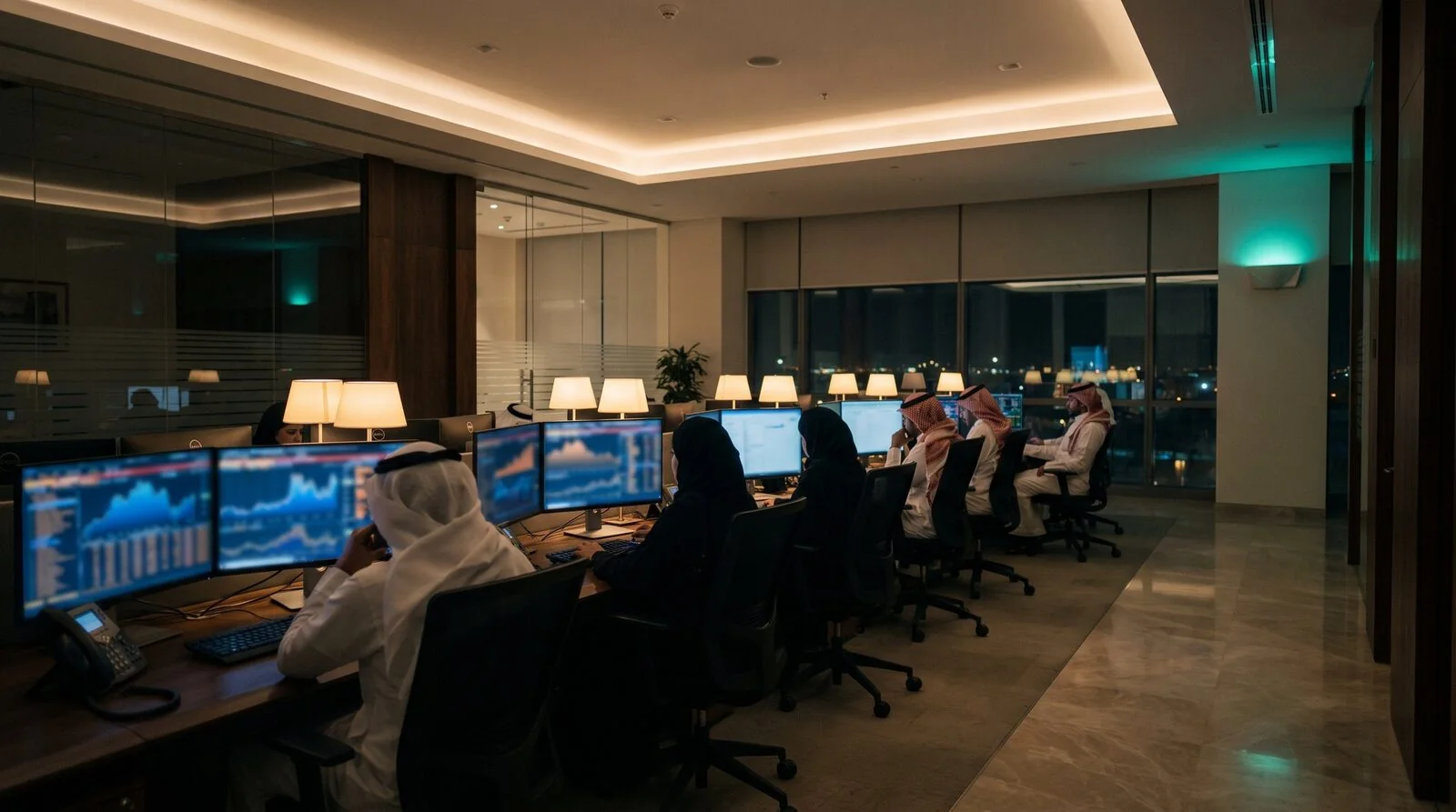 A Saudi bank trading floor at night