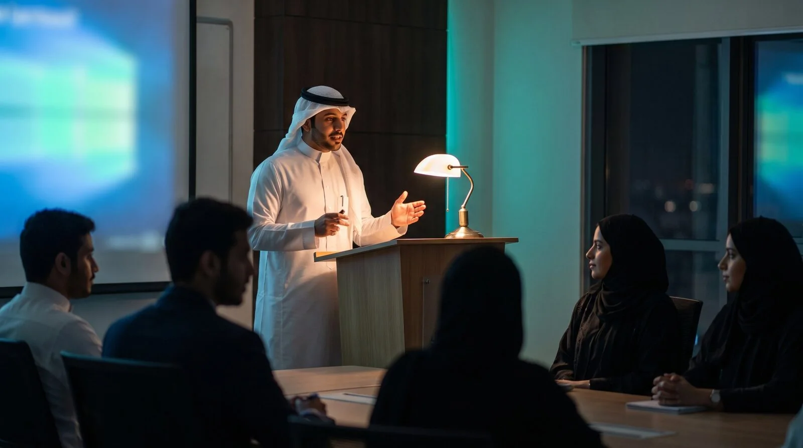 A student presenting to a seminar group