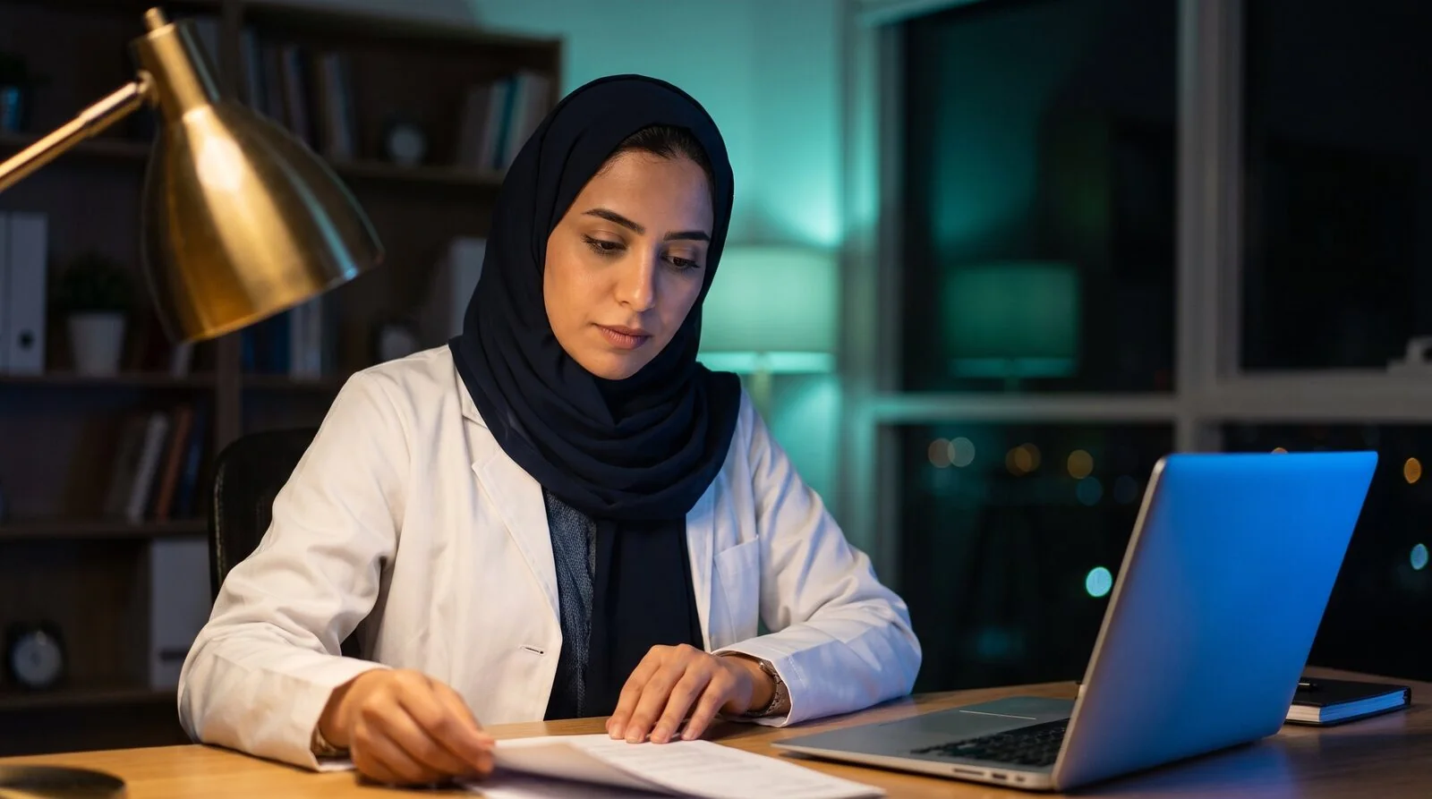 A doctor working through documentation on a sealed device