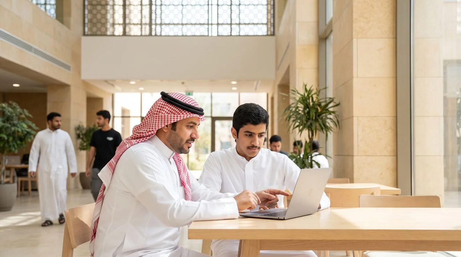 A tutor and a student working through something together on a laptop
