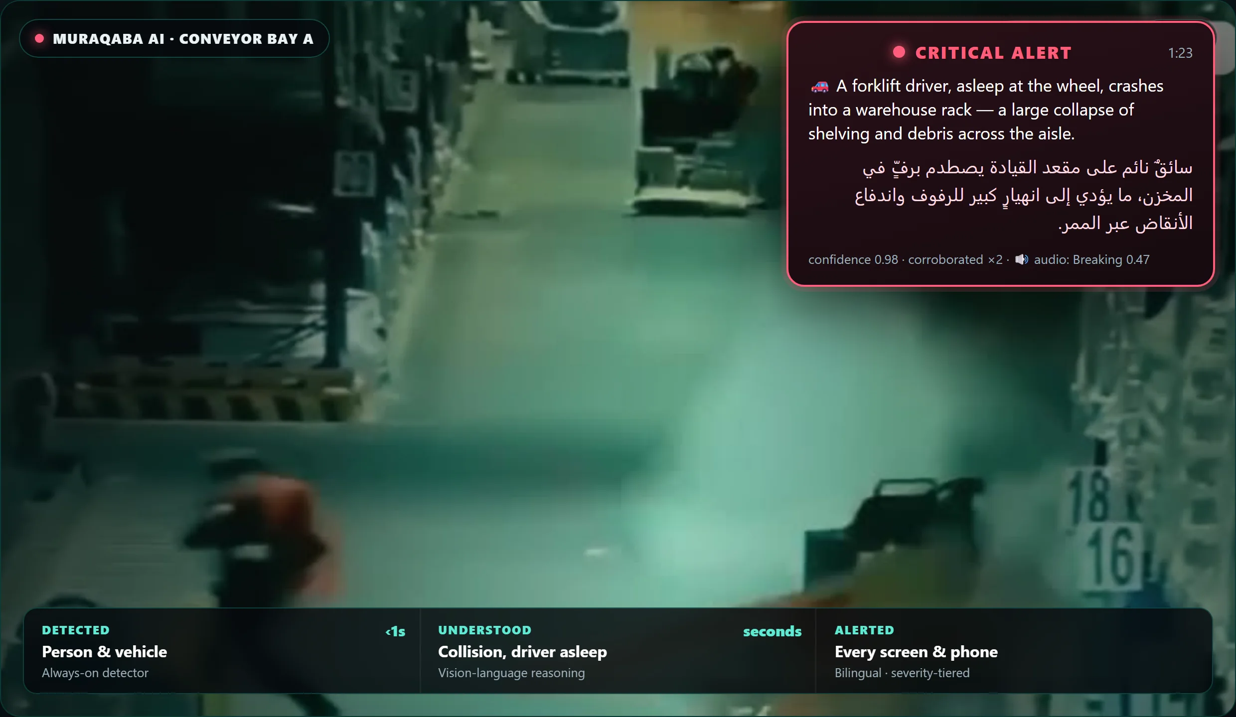 Muraqaba AI detecting a workplace accident on an existing CCTV camera