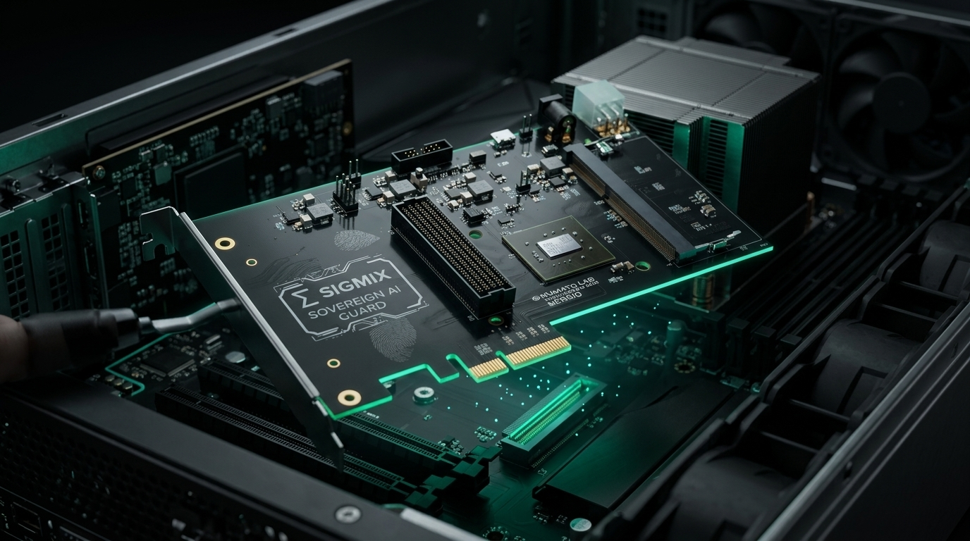 A Sigmix Guard card being installed into a PCIe slot in a Sigmix appliance