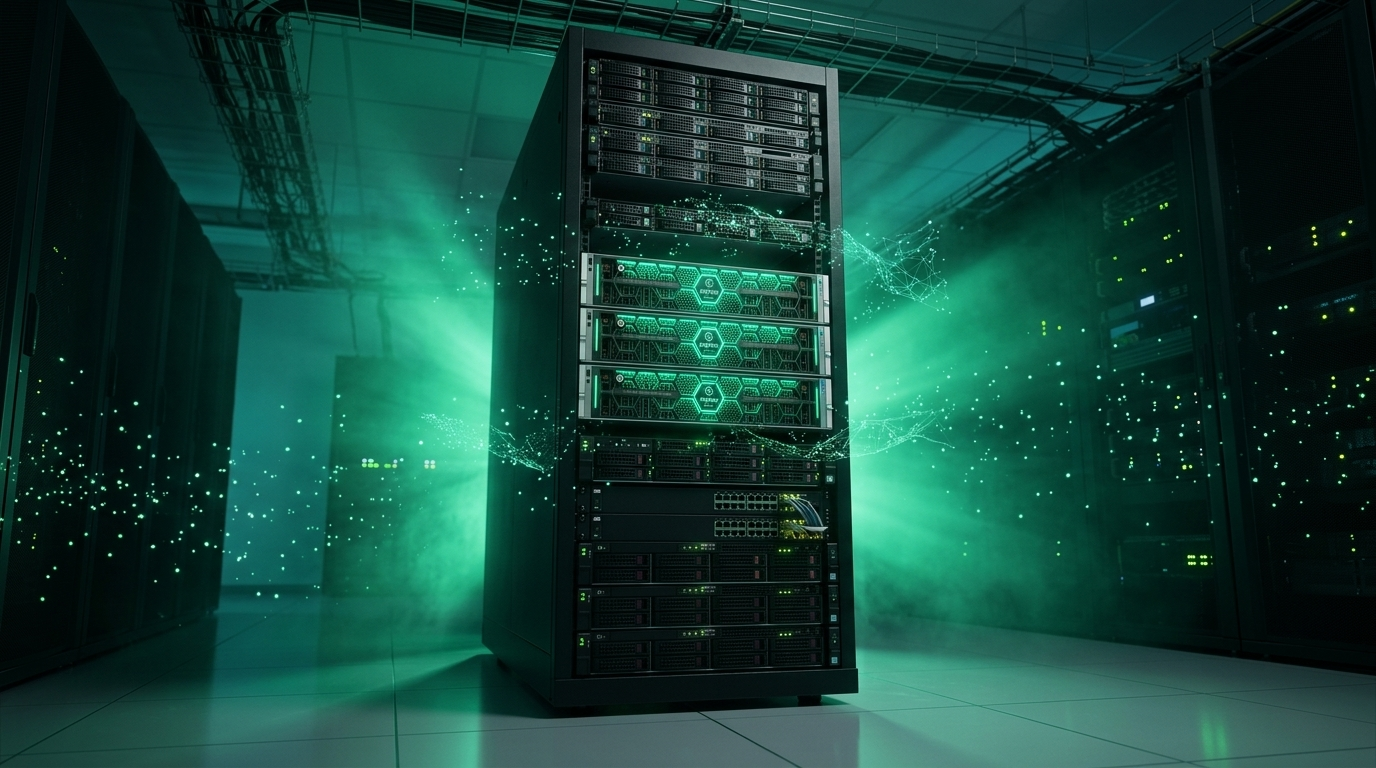 A Sigmix Sovereign AI appliance glowing green in an in-Kingdom data centre — powerful AI sealed on your own hardware