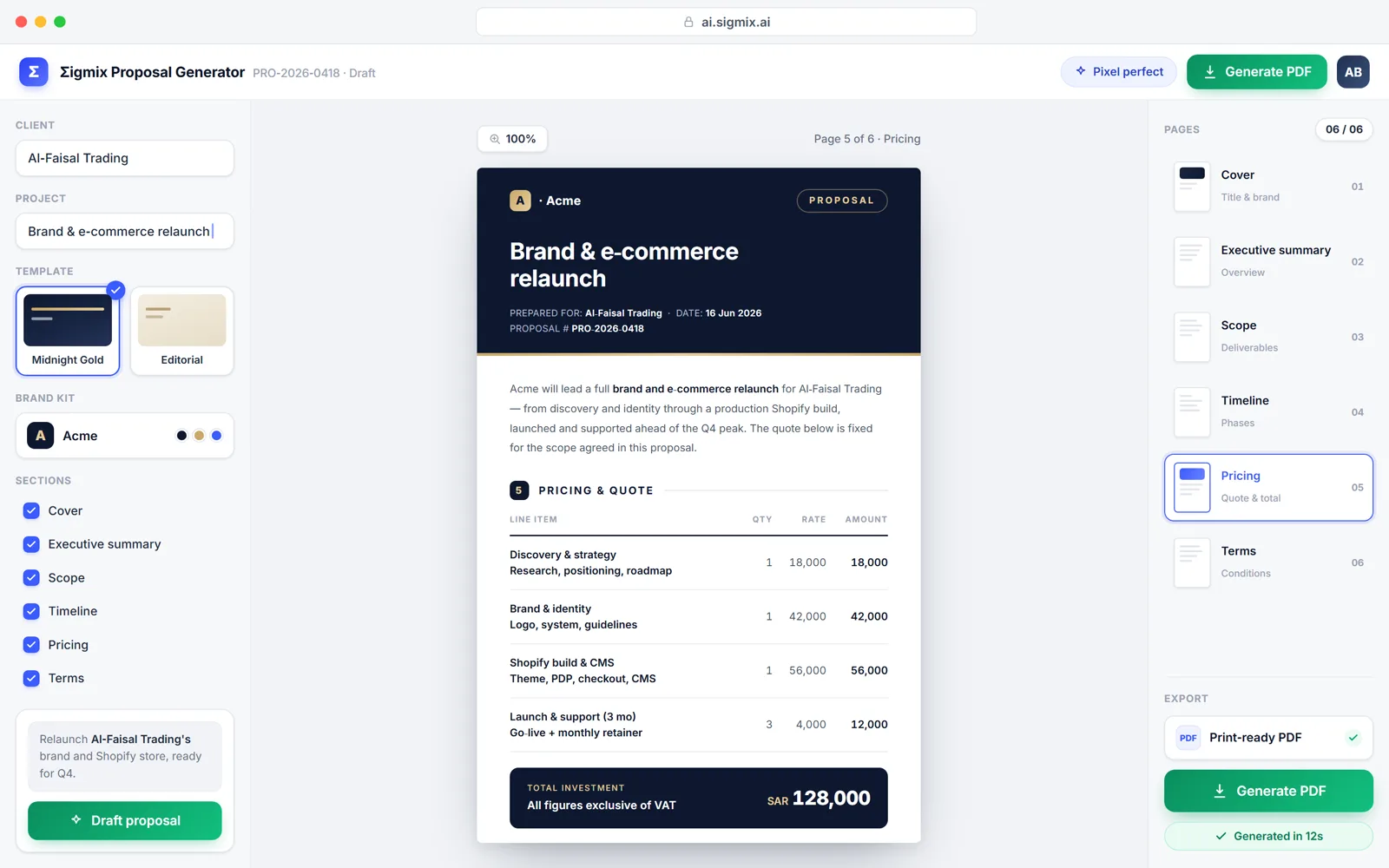 Proposal Generator — a pixel-perfect branded proposal PDF with a priced quote table, ready to export